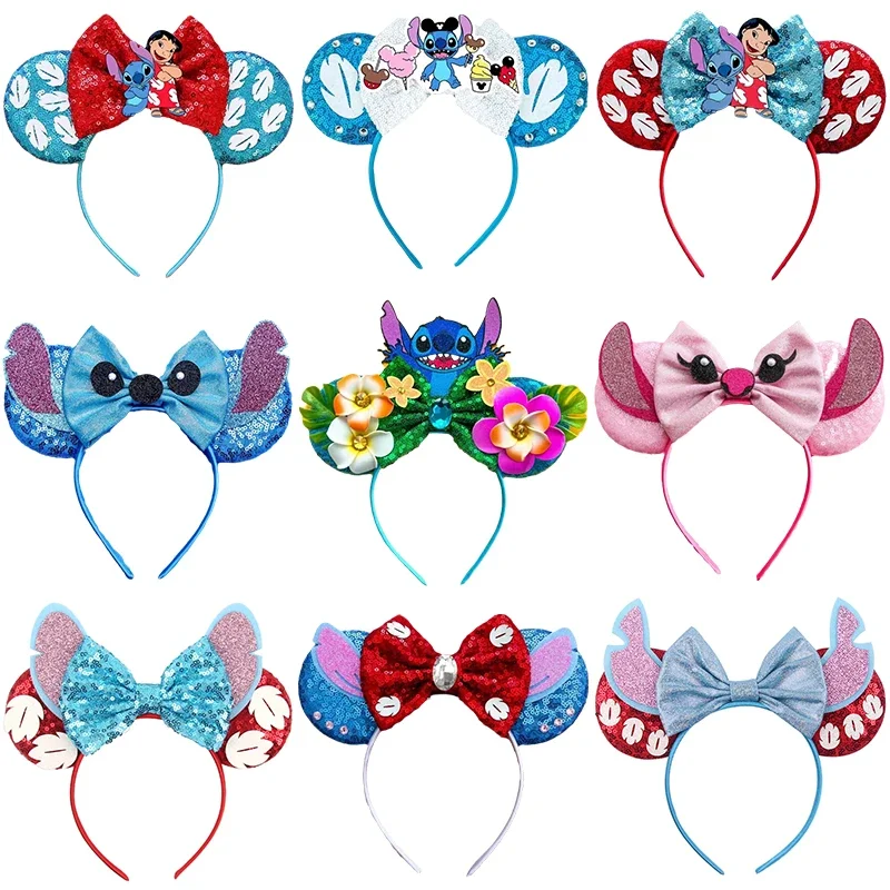 Cute Lilo & Stitch Ears Headbands For Kids Disney Angel Hair Accessories Girl Leaves Flower Hairbands Women Sequins Bow Headwear