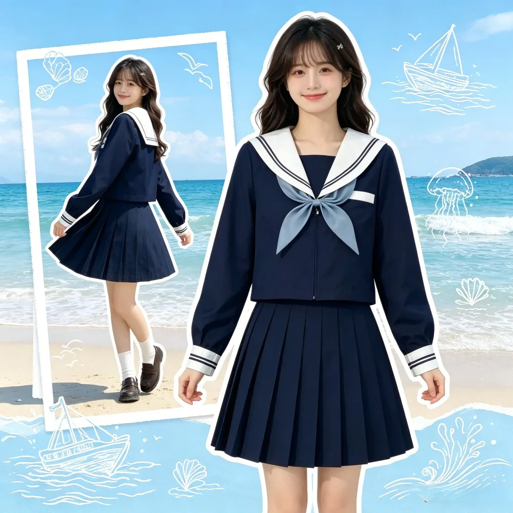 Navy Blue Sailor Suit JK Uniform, White Cyan Collar College Style School Outfit for Graduation Photo Campus Summer Daily Wear
