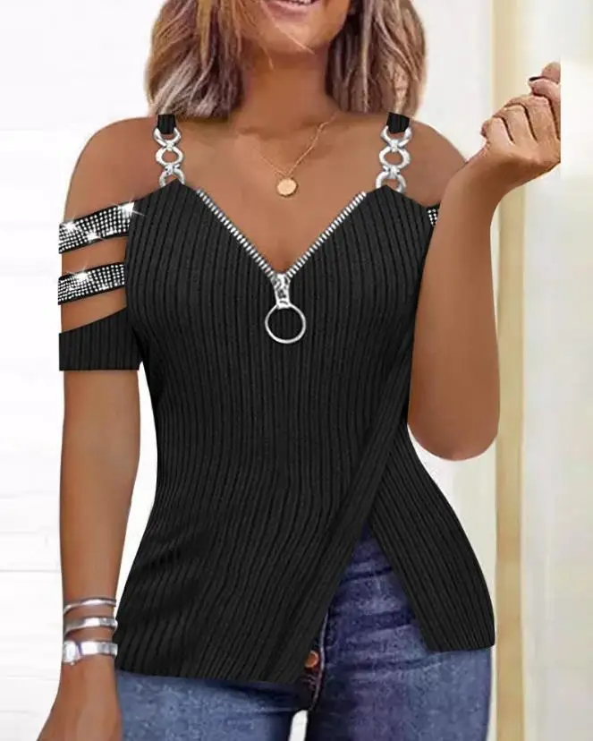 

Top Women 2024 Summer Fashion Rhinestone Decor Zip Detail Split Hem Cold Shoulder Casual Short Sleeve Skinny Daily T-Shirt Top