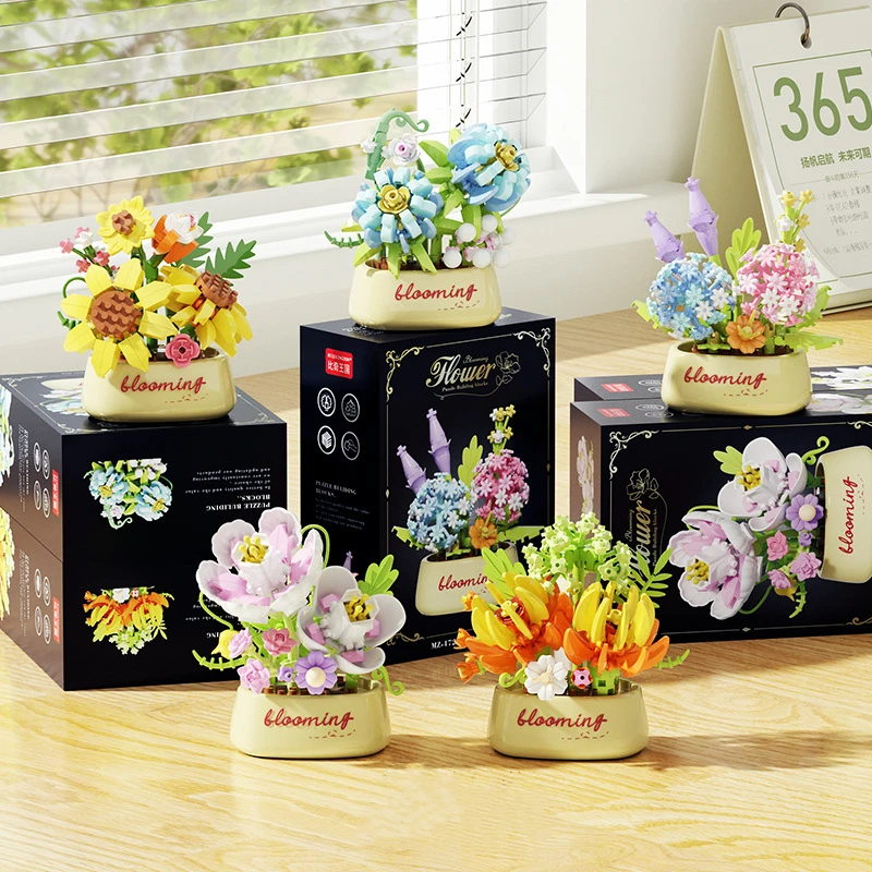 DIY Simulated flower building blocks, flower pots, succulent ornaments, children's educational toys, home decoration ornaments