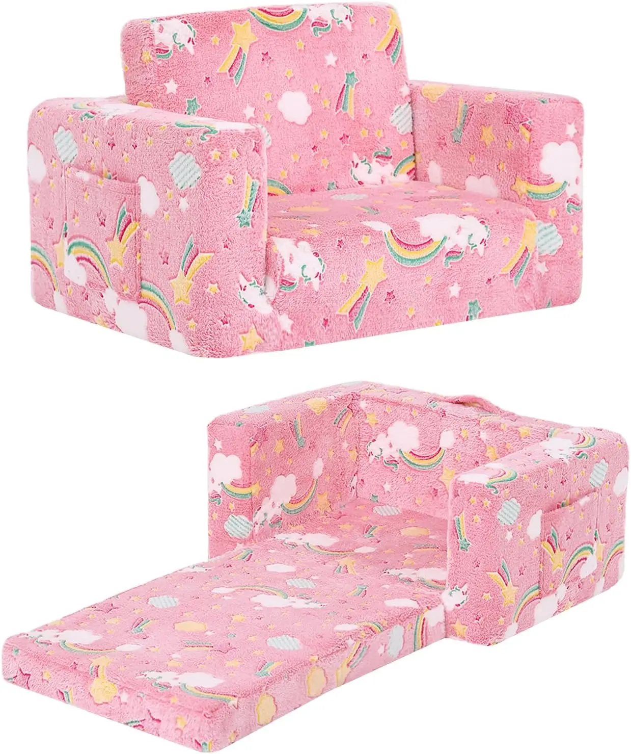 

Детский диван-кресло для малышей с светящимися в темноте подлокотниками, съемным моющимся чехлом и боковыми карманами для игровой комнаты, розовая радуга