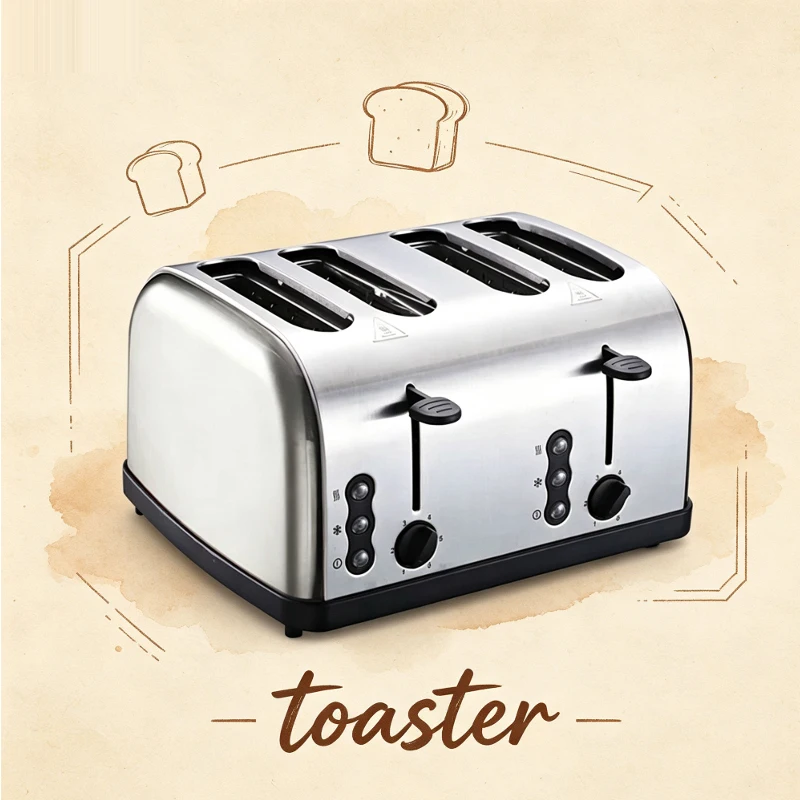 Stainless Steel Electric Toaster Household Automatic Baking Bread Maker Breakfast Machine Toast Sandwich Grill 4 Slice Pan