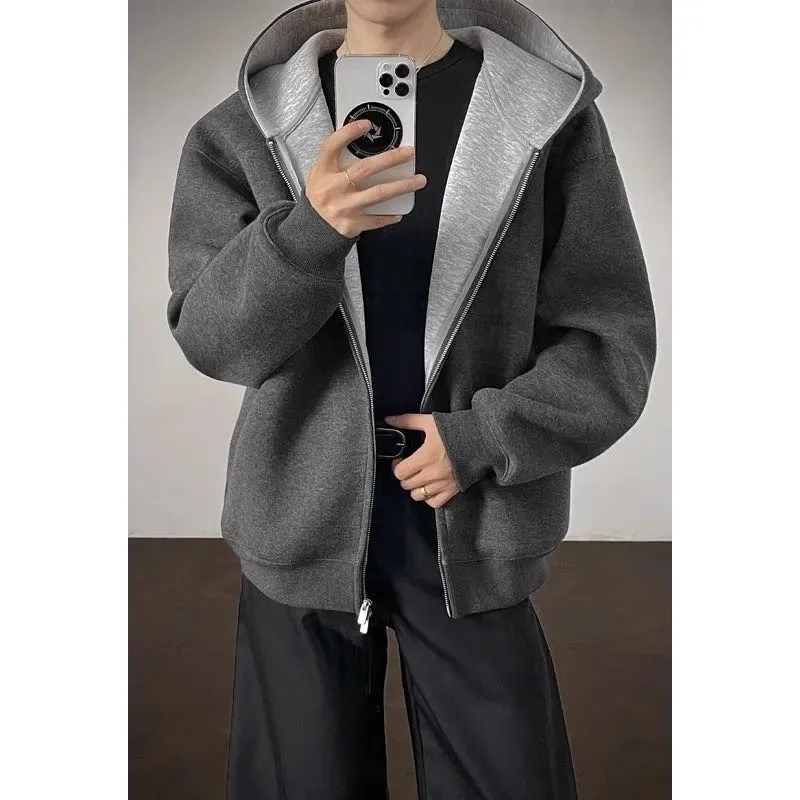 American Style Heavyweight Deep Grey Open Cardigan Sweatshirt Men Winter Trendy High Street Casual Jacket Versatile Couple