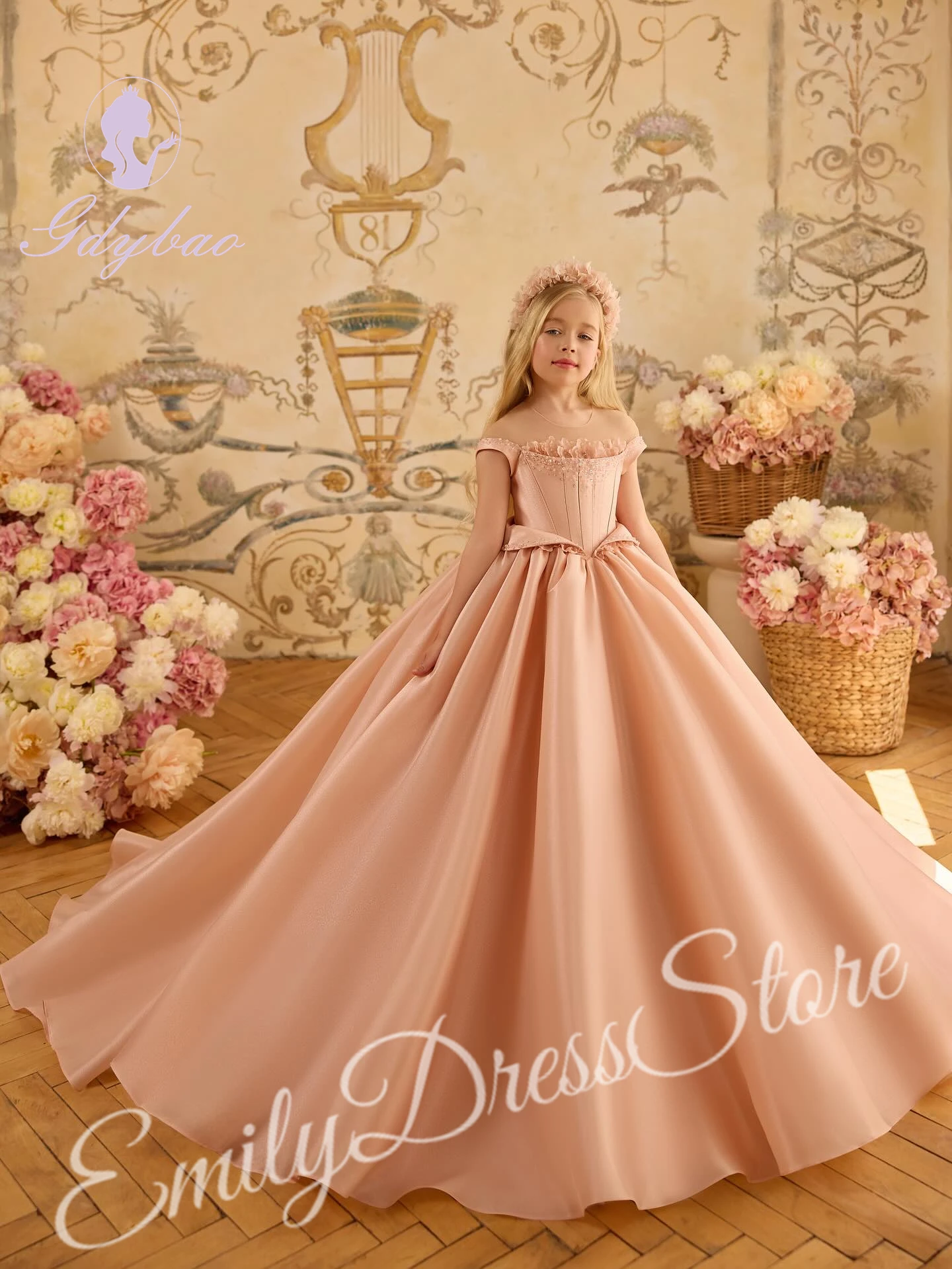 

Customized Pink Tulle Flower Girl Dress For Wedding Beaded Puffy Pearls Long Kids Birthday First Communion Party Ball Gowns