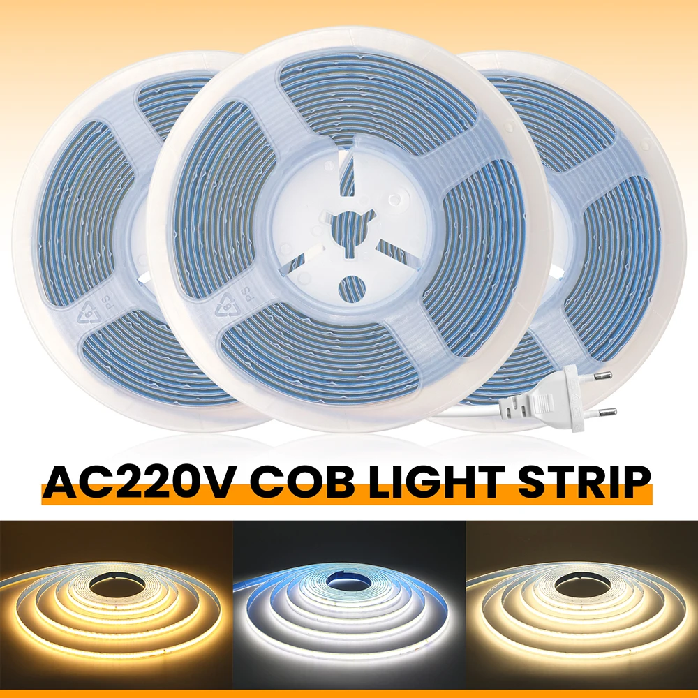 220V 110V Waterproof COB LED Strip Light Tape 2pin Connector/Power Plug Kit 3000k 4000k 6000k 288 LEDs/m Flex Tube Lamp with IC