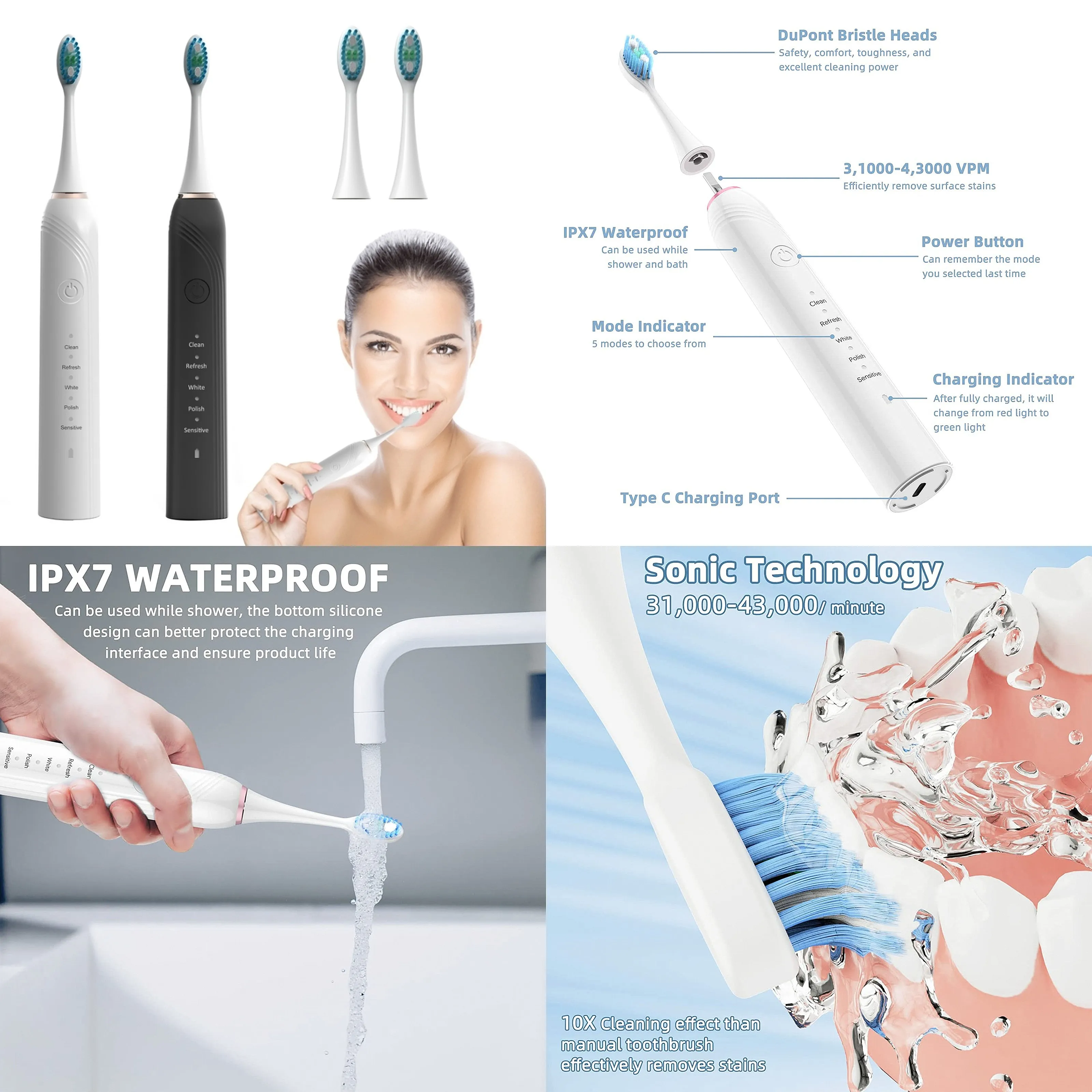 Bulk Personalized Waterproof Biodegradable Whitening Black Professional Couple Oral Sonics Electric Toothbrush