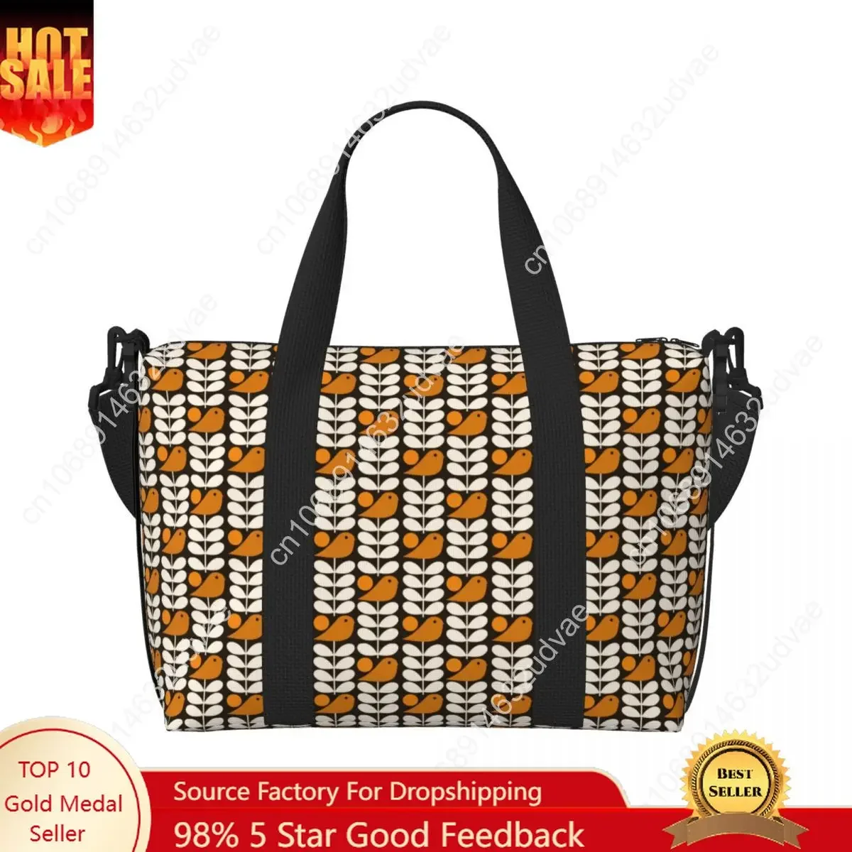 Custom Large Multistem Birds Black White Orange Tote Bag Women Orla Kiely Scandi Shopping Shoulder Gym Beach Travel Bag