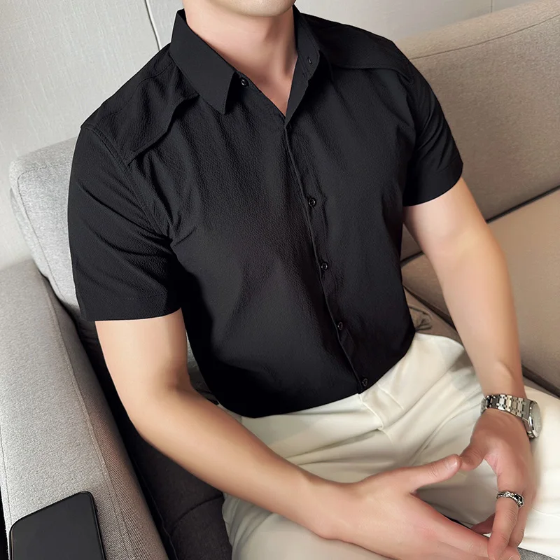 

Summer Fashion Men Dress Shirt Vintage British Short Sleeve Solid Men Shirts Business Simple Slim Fit Chemise Homme Plus Size