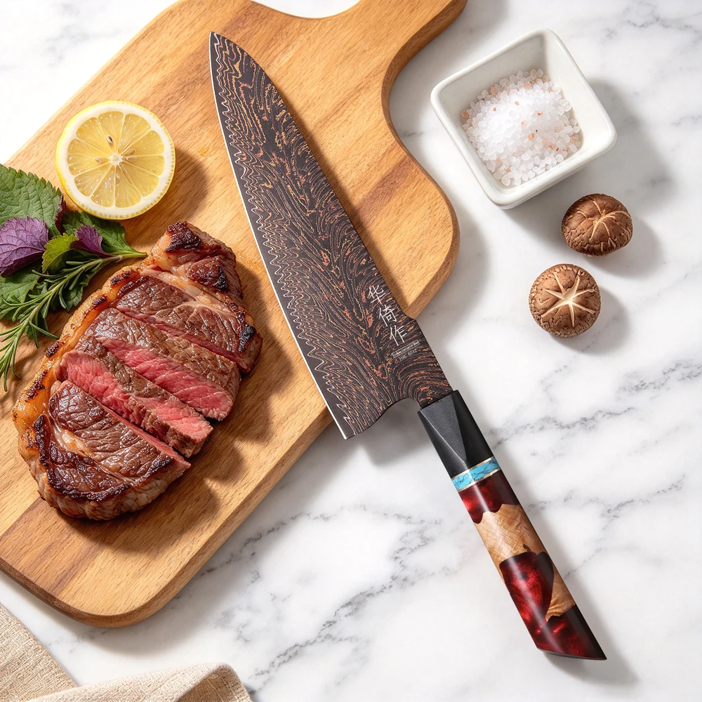 8-inch Japanese Chef Knife 37 Layer Real Tricolour Copper Damascus Steel Kitchen Knives Slicing Vegetable Cooking Kitchenware