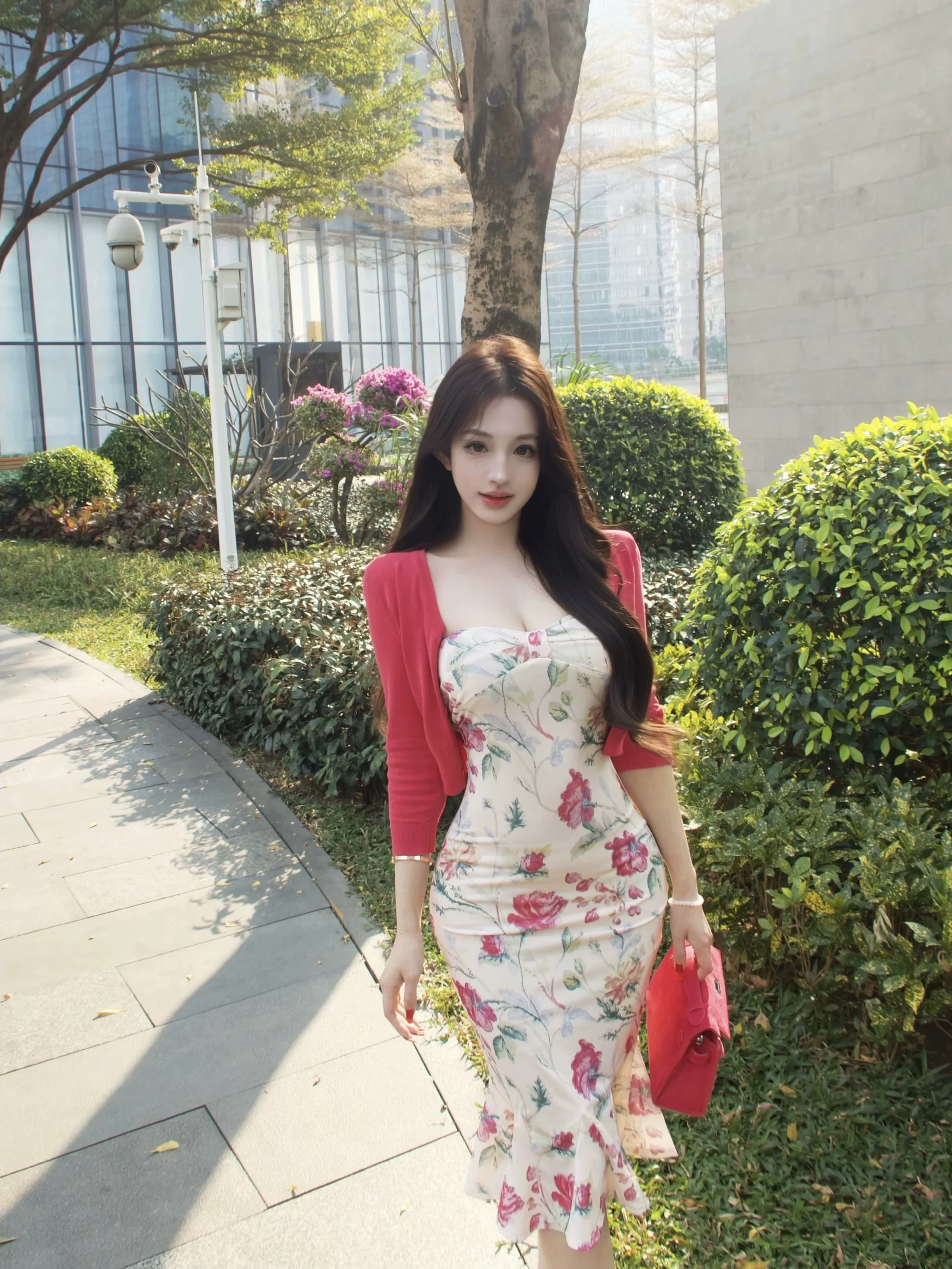 Summer Floral Print Halter Dress Women's Slim Fit Waist Cinched Fish Tail Skirt Soft Tummy Control Body Shaping Midi Dress