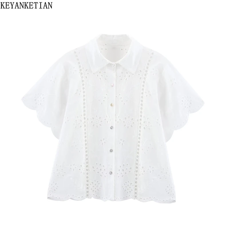 

KEYANKETIAN 2025 Summer New Women's Hollow out Embroidery White Shirt Sweet Single Breasted Short Sleeve Slim Blouses Chic Top