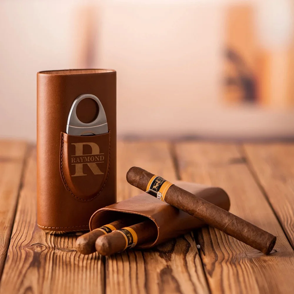 Personalized Cigar Case, Leather Cigar Holder with Cutter, Cigar Travel Case, Groomsmen Gifts, Gift for Dad Husband Gift for Him