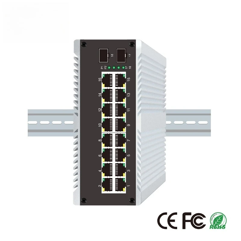 16 Port PoE Industrial Switch, 2 SFP Ports, High Temperature Resistance, IP40 Protection, DC Dual Power Supply