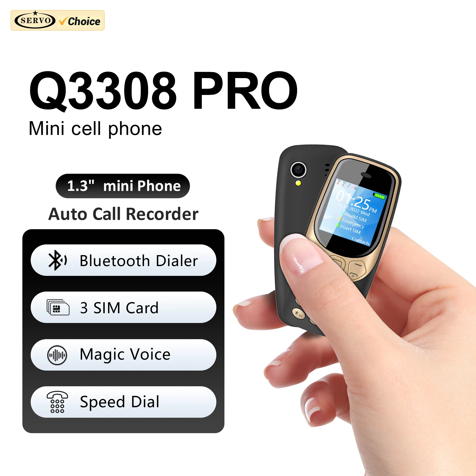 SERVO Q3308 PRO 3 SIM Mini Mobile Phone 2G GSM Magic Voice Bluetooth Dialer Speed Dial Call Recording Super Small Button Phones