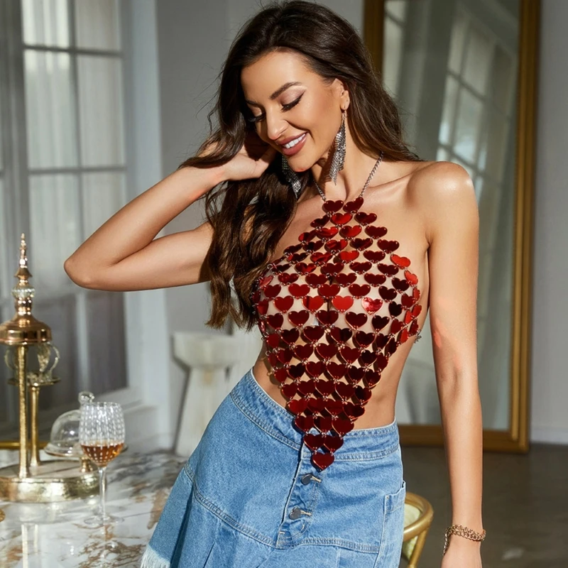 Metallic Heart Shaped Sequins Camisole Bikini Body Jewelry Halter Backless Metal Chain Crop Top for Women Party Clubwear