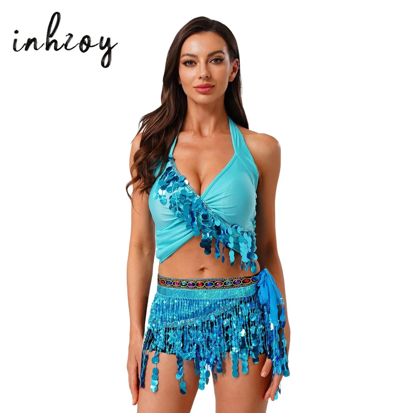 

Womens Glittery Sequin Tassel Belly Dance Outfit V Neck Chest Pad Crop Tops Rhinestone Lace-up Hip Scarf for Latin India Dance