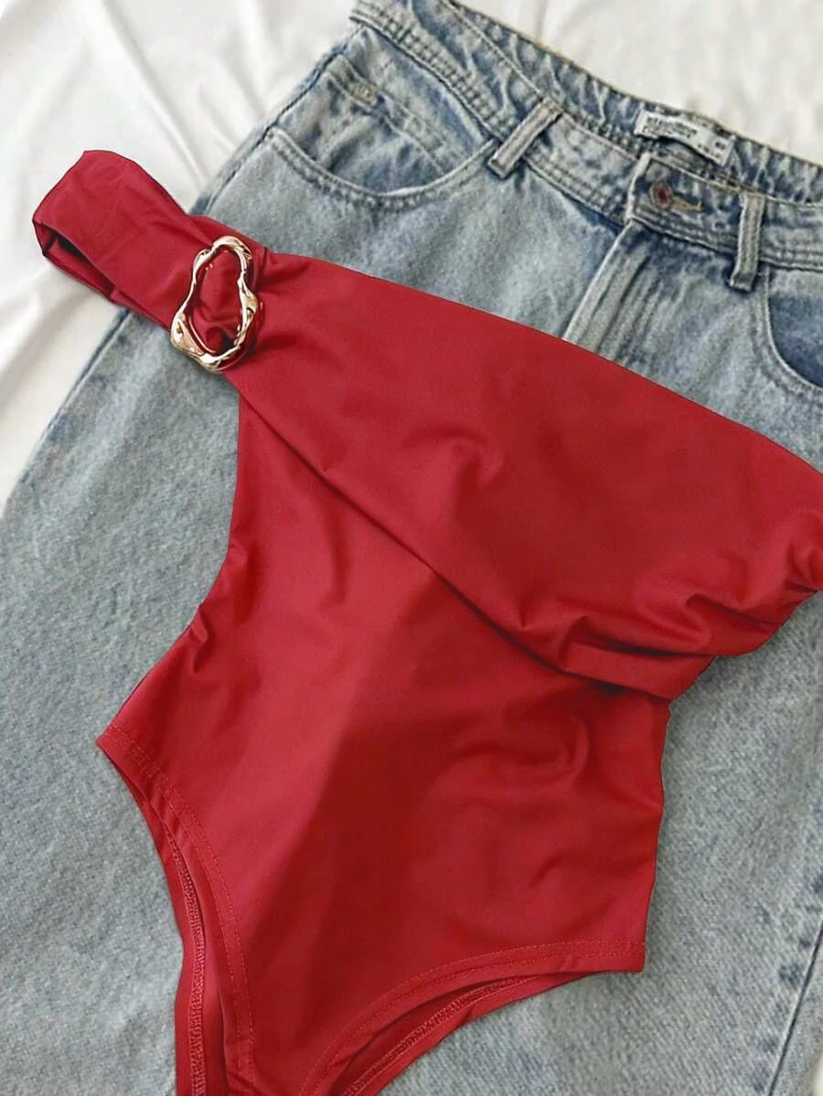 Vintage Red Strapless Bodysuit with Side-Shaped Metal Ring Straps + Side-Waist Pleated Shaping Seamless Base Layer