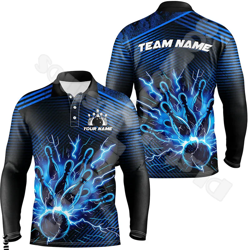 Custom Name Strike Bowling Player Flame Graffiti Tattoo Retro 3DPrint Harajuku Unisex Long Sleeves Polo Jersey Collar Shirts X6