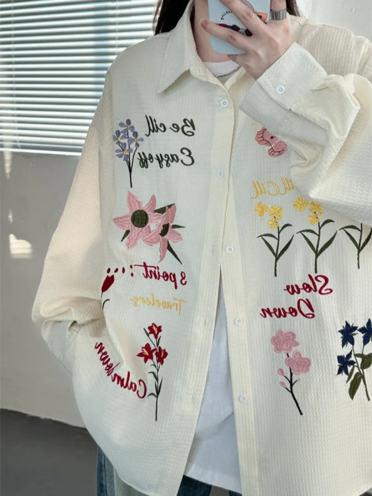 

Мужская рубашка-куртка на весну-осень с вышивкой в виде растений и цветов, в американском ретро-стиле, для пар, на пуговицах, повседневная, с длинным рукавом, свободного кроя