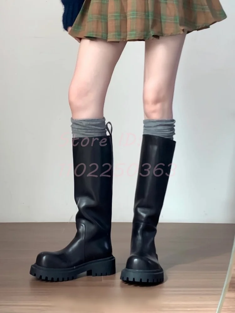 Super Cool Big Toe Mid-calf Boots Unisex Style Chunky Heel Heightening Thick Tole Shoes Black Women Lace-up Work Boots 2024