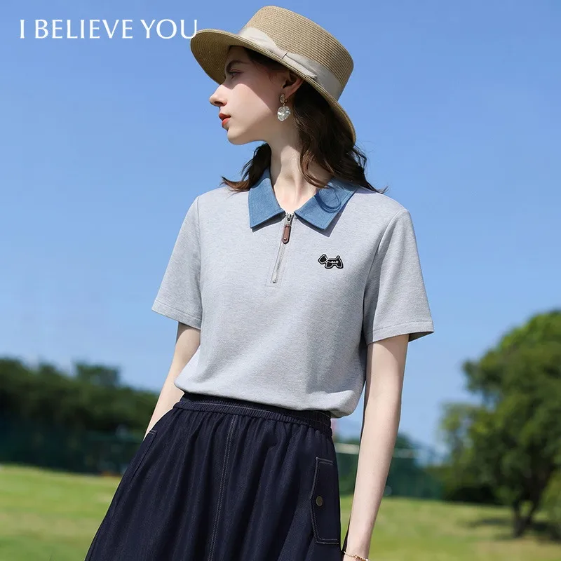 I BELIEVE YOU Grey Double-sided Cloud Cotton Contrast Polo Neck Tees Summer Half Zip Dog Embroidery Short SleeveTop 2262016471