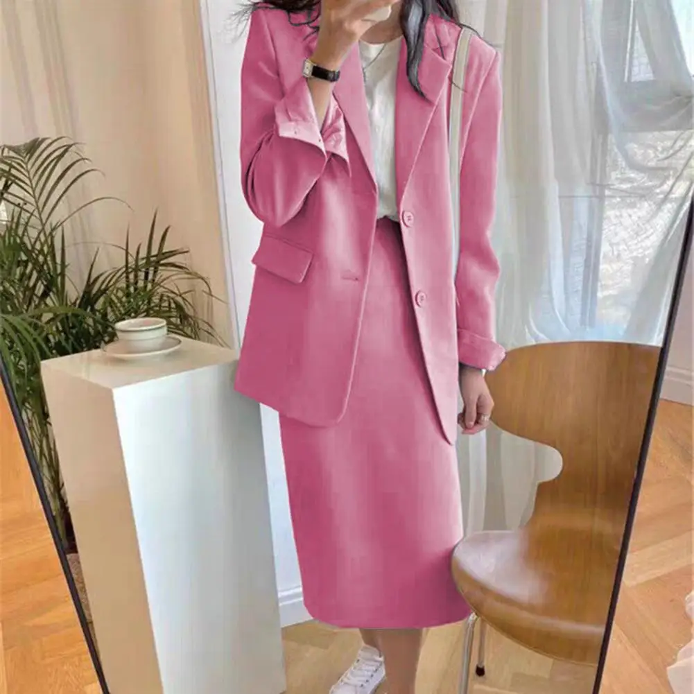Women Coat Skirt Set Commuting Suit Elegant Women's Office Suit Set with Lapel Coat High Waist Midi Skirt for Stylish