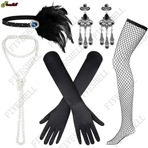 Accesorios de Cosplay para fiesta de Halloween, conjunto de accesorios para disfraz de aleta, diadema de plumas, collar de perlas, guantes largos, conjunto de accesorios 1920s