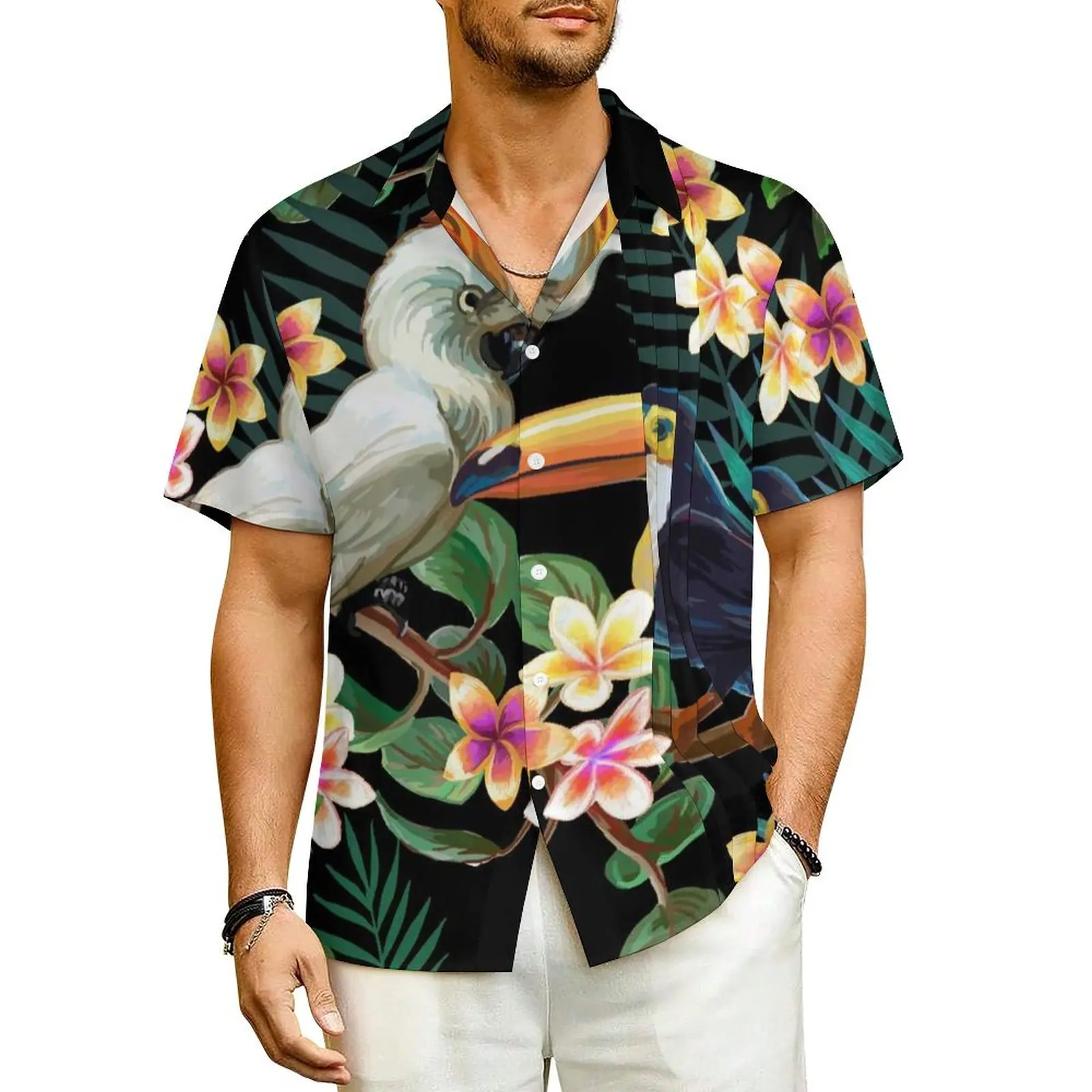 

Palm Leaves Forest Casual Shirt Floral And Birds Print Vintage Summer Shirts Men Short Sleeve Vacation Graphic Plus Size Blouses