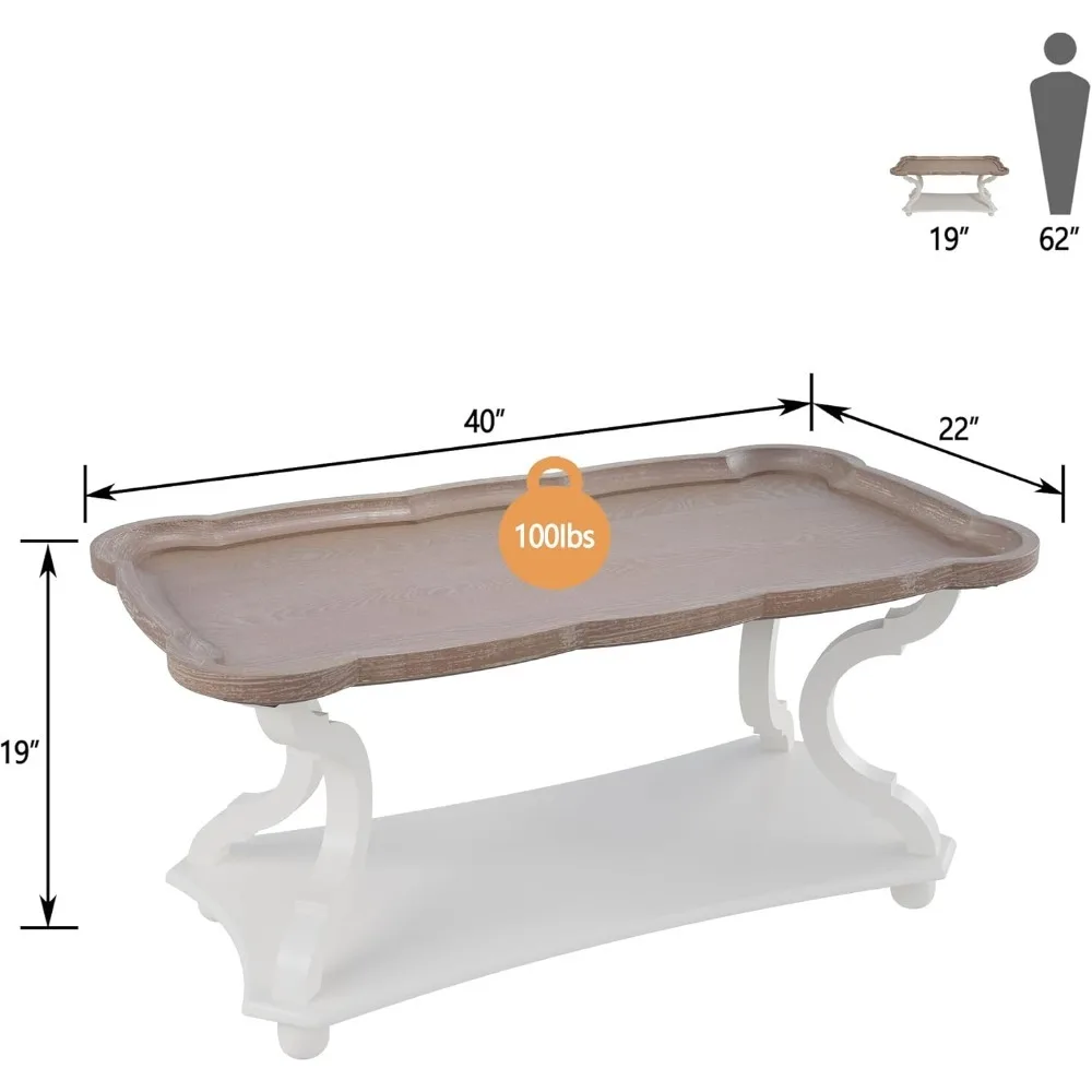 Mesa de centro de fazenda, mesa de coquetel branca rústica com prateleira de armazenamento, mesa de sofá com bandeja natural e pernas esculpidas