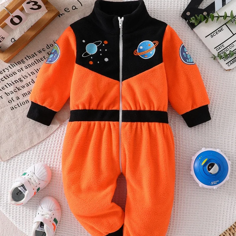 Cute Newborn Infant Baby Boys Astronaut Romper Orange Space Rocket Planets Print Fleece Zipper Jumpsuit Warm Costume 0 24M