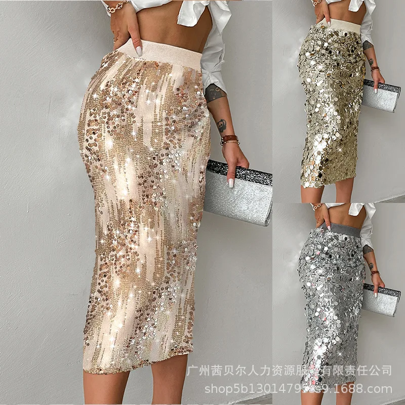 

Women High Waist Slim Allover Sequin Fashionable Midi-Calf Skirt Sheath Party Long Skirt