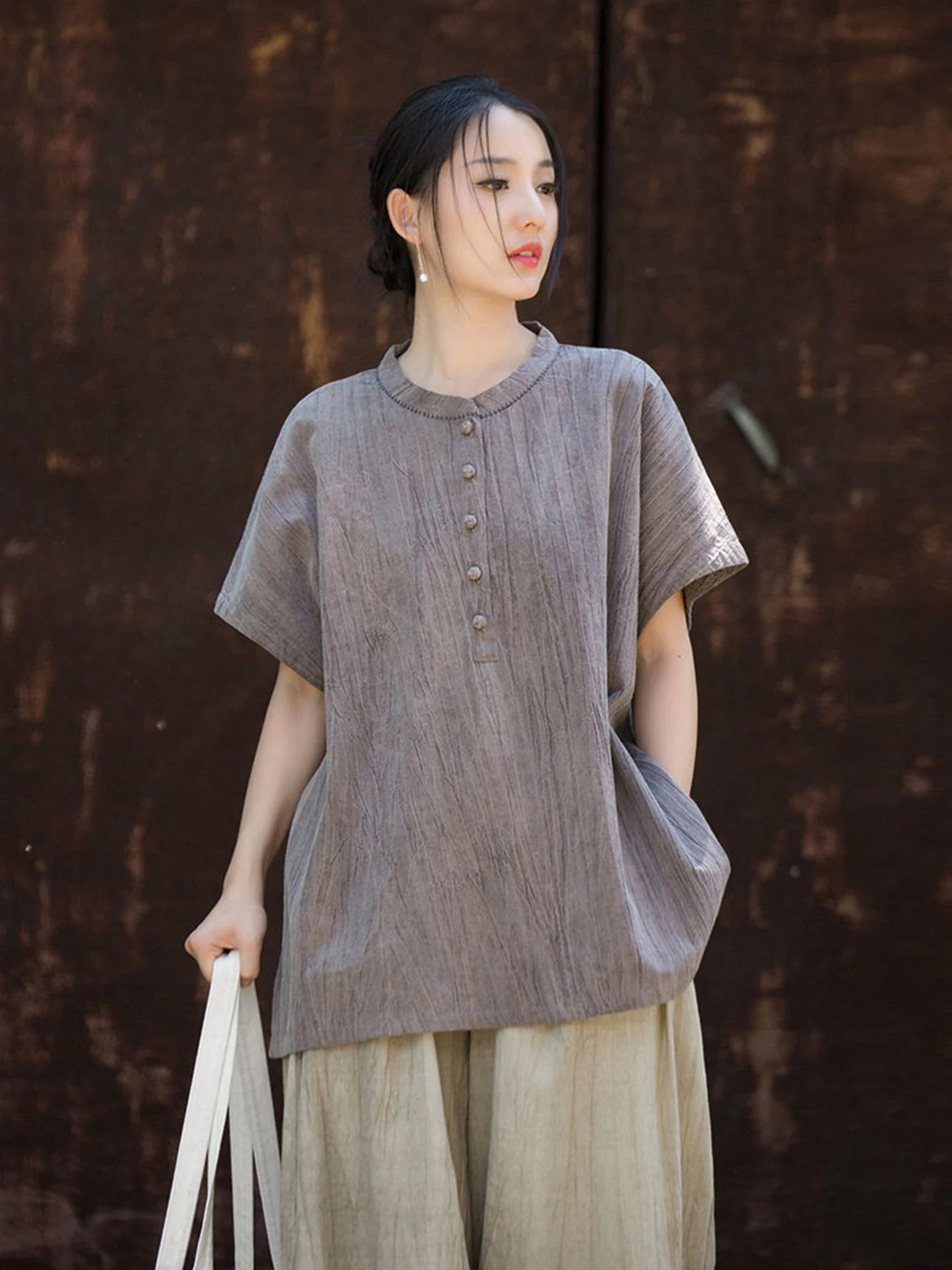 Ladies Summer Linen Loose Short Sleeve T-Shirt Dyed Cotton Linen Blend Casual Versatile Comfortable Breathable round Neck Top