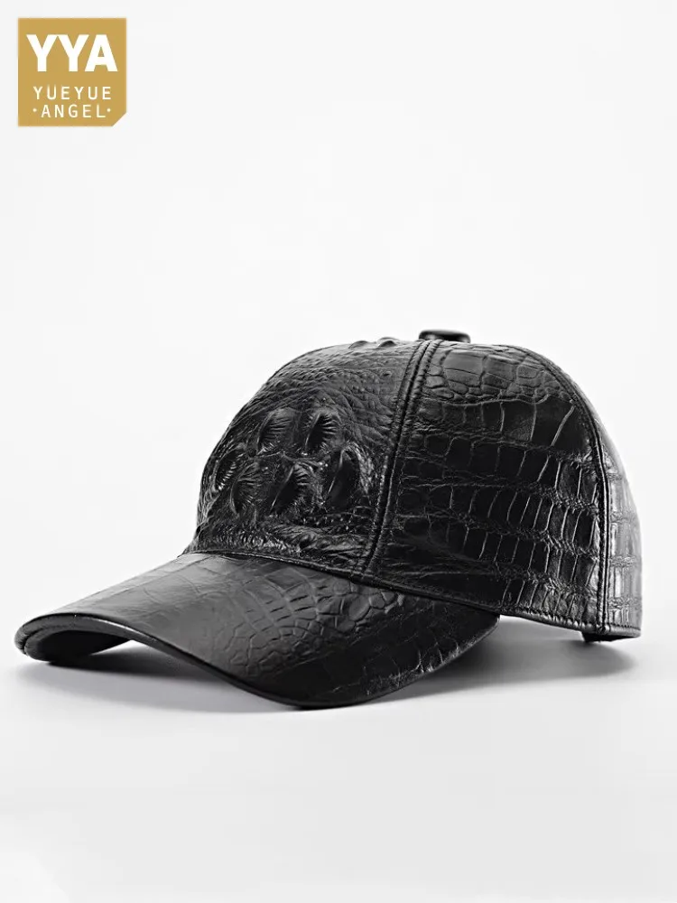 Fashion Mens Crocodile Pattern Cowhide Genuine Leather Peaked Cap Outside Casual Sun Protected Travel Baseball Cap Adjustable