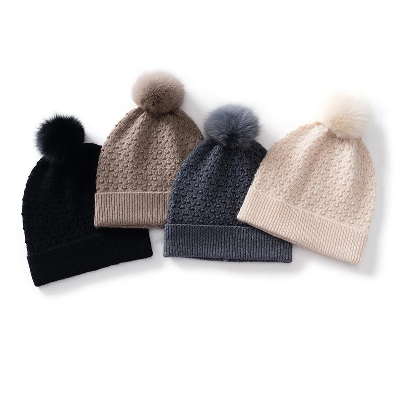 100% Pure Cashmere Hat New Autumn And Winter Style Warm Pineapple Pattern Knit Hat With Detachable Pom-Pom Casual Round-Top Hat