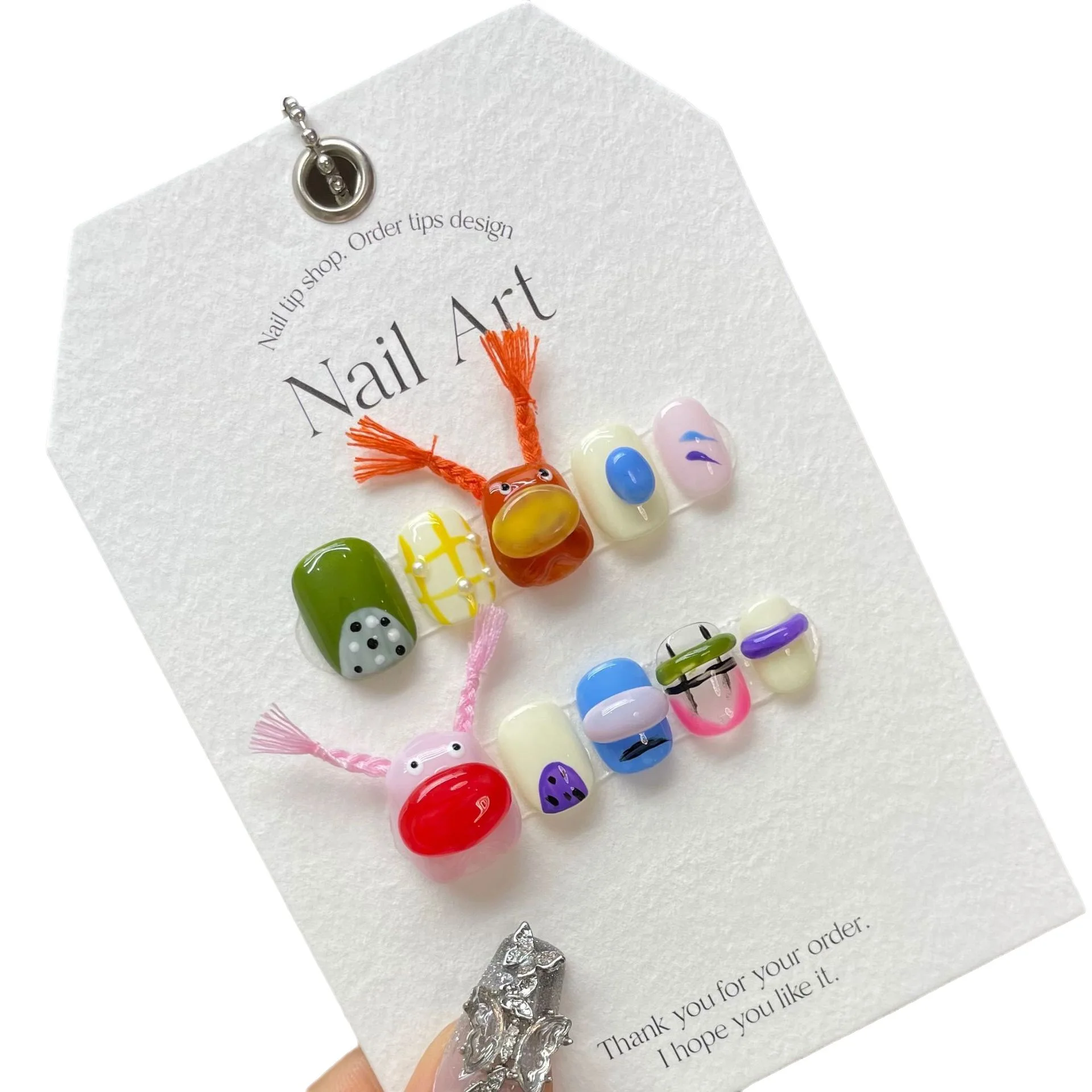 10 pcs Luxury Handmade Press on Nails Short Circle Sausage Pigtails Design False Nails with 4-PIECE Tool Adhesive Nail Glue Tabs