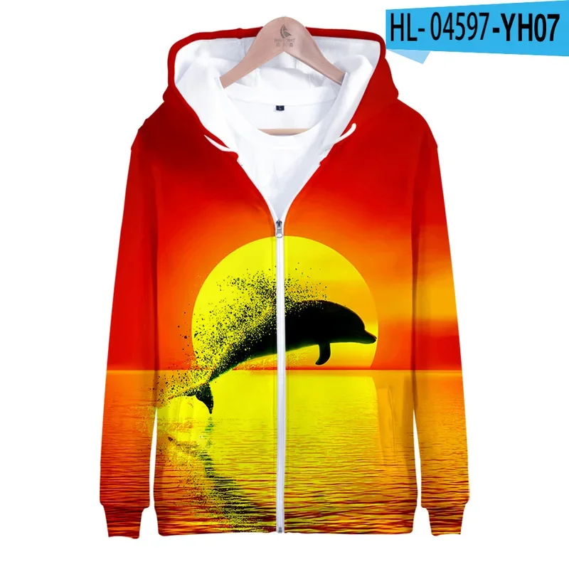 Moletom com capuz 3D com estampa Dolphin para homens e mulheres, moletom com zíper, moletom animal Hip Hop Streetwear com capuz, jaqueta esportiva casual masculina