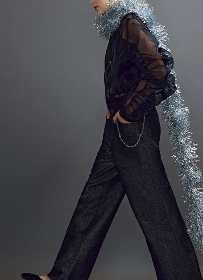 

Women Chic Black See Through Shirt Fashion Solid Round Neck Pleated Long-sleeved Zipper Short Top Lady Commute Street Outerwear