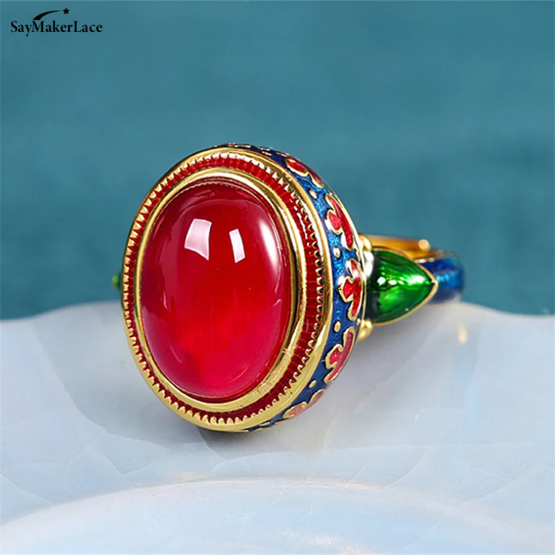 Ancient Gold Craftsmanship Natural Carnelian Rings For Women Flower Enamel National Style Light Luxury Wedding Jewelry Gift