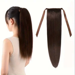 Long Straight 100% Human Hair Extensions Ponytail #2 Human Hair Clip In Wrap Around Dark Brown Human Hair Ponytail Extensions