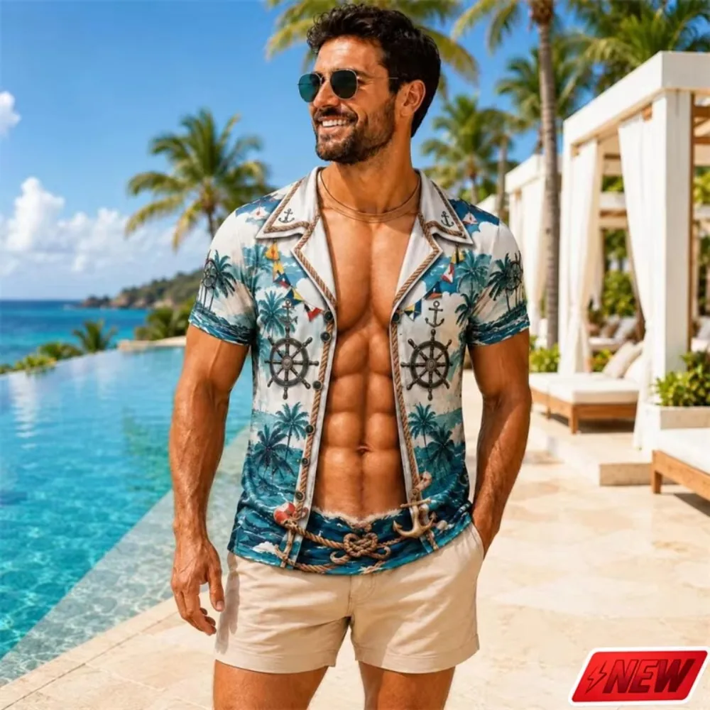Kreatives, lustiges T-Shirt für Herren – Matrosenuniform, Piratenschädel, Schiff, Anker, 3D-Druck, große Größe, kurzärmelig – Kostüm-Party-Oberteil – Detail 3