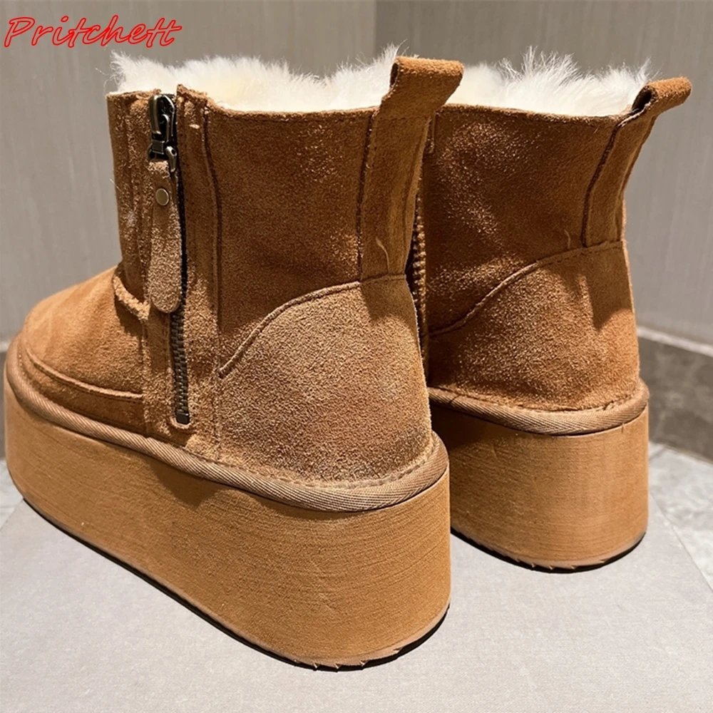 Thick Sole Side Zipper Winter Boots Women Round Toe Warm Mid Calf Snow Boots Casual Flat with Boots Height Increasing All-match
