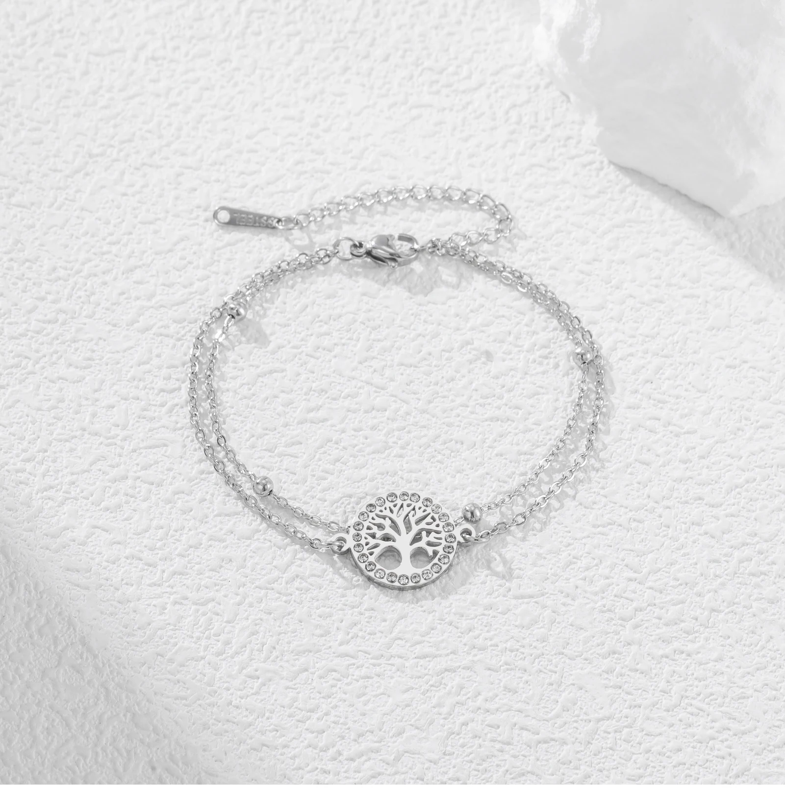 CoolTime Baum des Lebens Ring Zirkon Damenarmbänder Edelstahl Doppelketten Schmuck Goldfarben Mode Amulett Geschenk – Detail 16