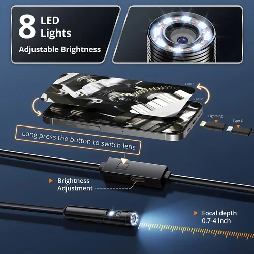 Imagen 2 del producto Cámara endoscópica [8 mm de una sola lente] con luz ajustable, 1920 P, boroscopio de serpiente con cable semirrígido para iPhone, iPad, Samsung