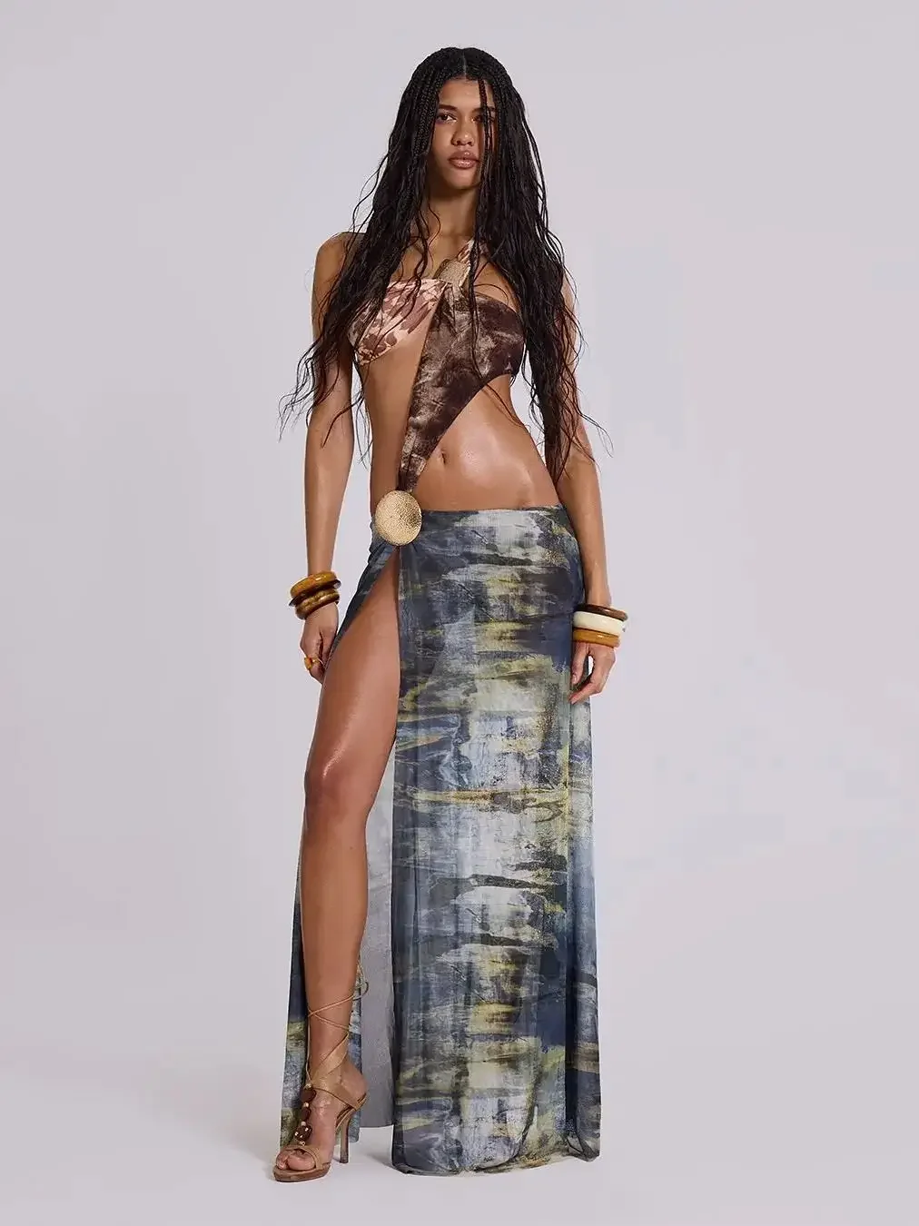 Malha vestido longo feminino verão festa cortar vestidos ruched impressão cobrir maxi vestidos férias praia robe