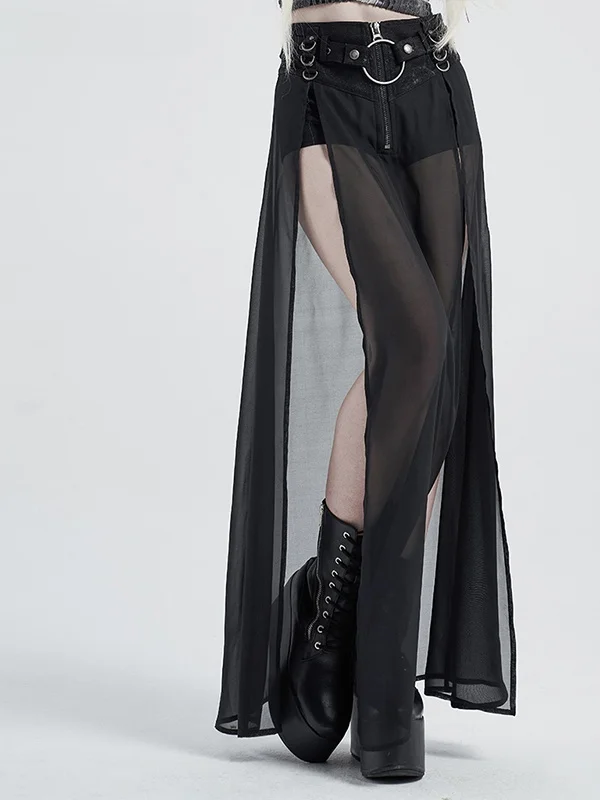 

Punk Style High Waist Long Skirt with Short Pants Transparent Mesh Split Design Street Style Women's Autumn Fashion A-Line Skirt