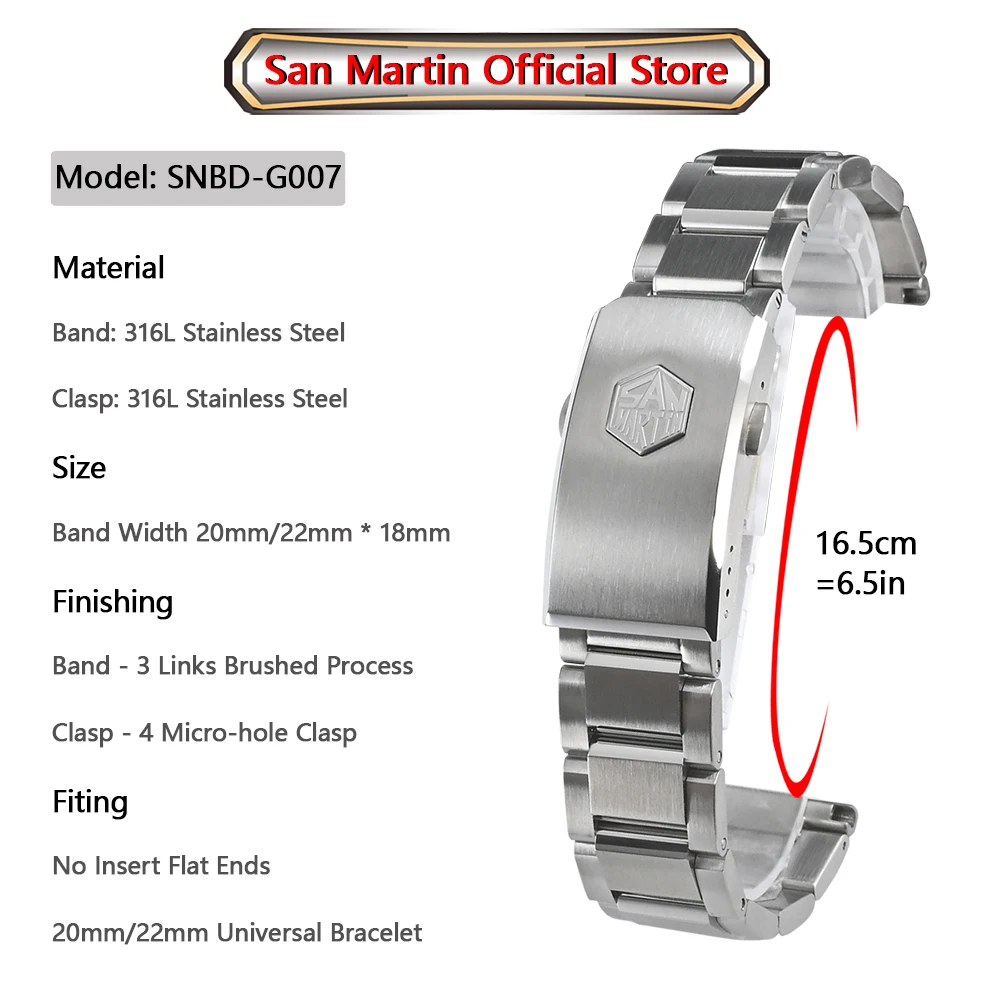 San Martin Watch Parts No Insert Flat Ends Bracelet High Quality 316L Solid Stainless Steel 3Links  20mm 22mm Universal Strap