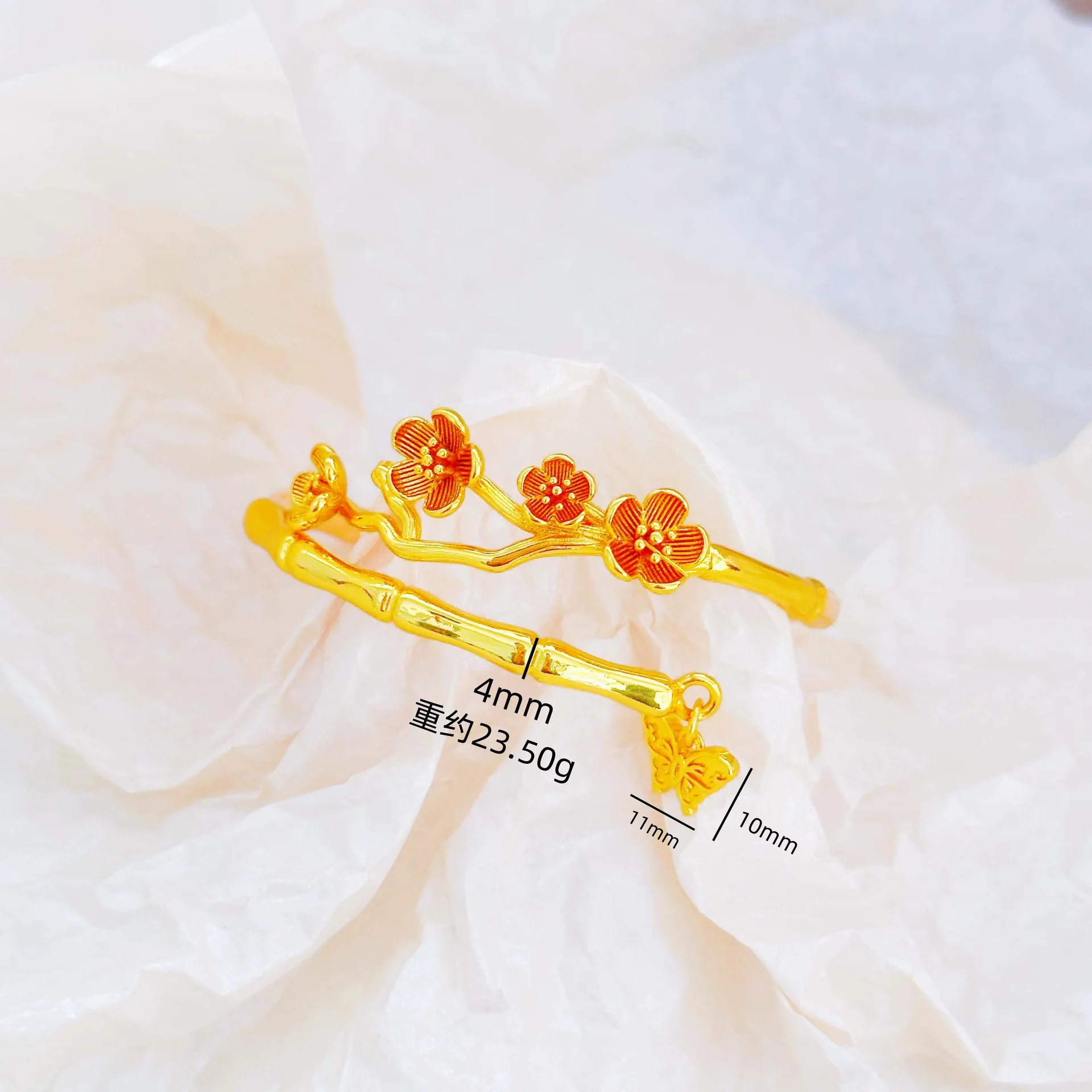 

Adjustable Opening Plum Bamboo Butterfly Pendant Open Bangle For Women 24K Gold AU999, fit & comfortable