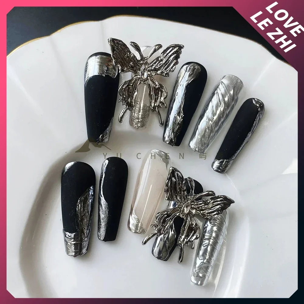 Handmade Gothic Fake Nails Dark Punk Butterfly Full Stiletto Long Pointed Shape Fake Nails Cover Women Almond Press On Nails