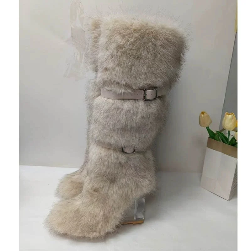 2026 New Transparent Wedge High Heel Y2K Flush Long Boots Women's Height Raising Warm Hairy Knee High Boots Winter Long Boots