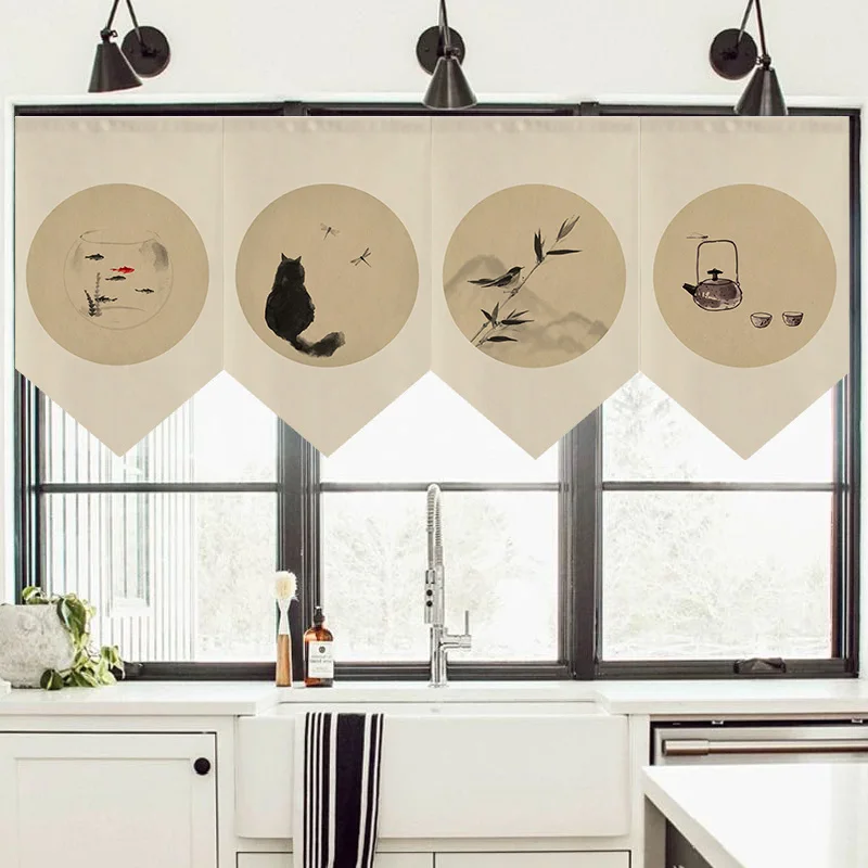 Chinese Ink Style Antique Pennant Curtain Teahouse Short Curtain Kitchen Partition Triangle Flag Room Hanging Half Curtain Noren